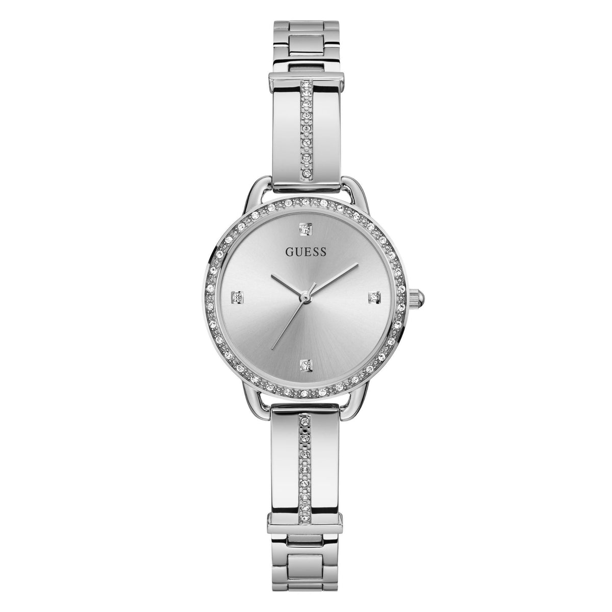 Silver-tone GUESS analog watch with round rhinestone bezel and white dial