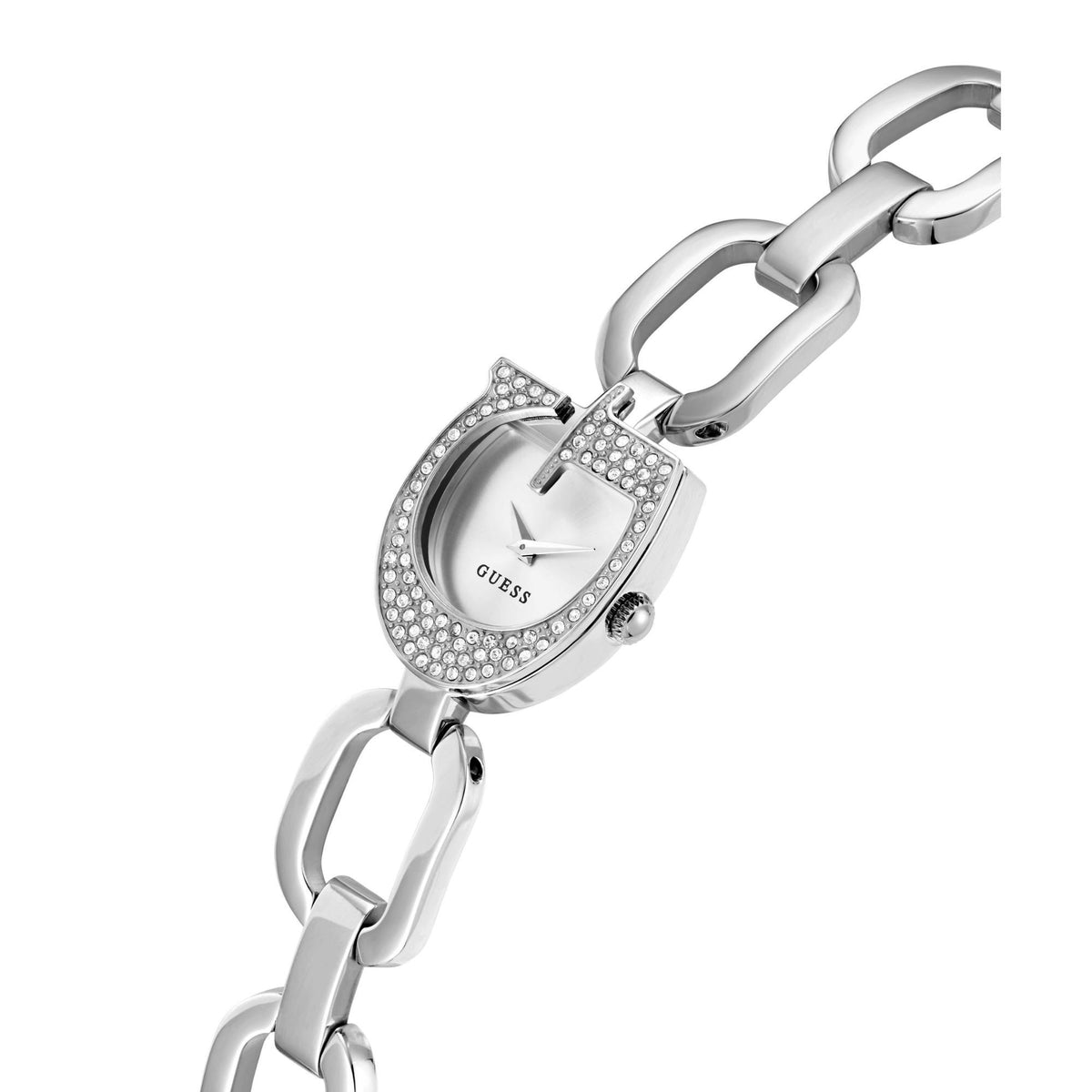 Silver-tone GUESS analog watch with crystal accents on round dial and bracelet