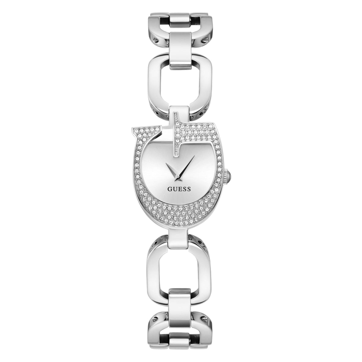 Silver analog ladies watch front view with crystal bezel and oval dial on metal band