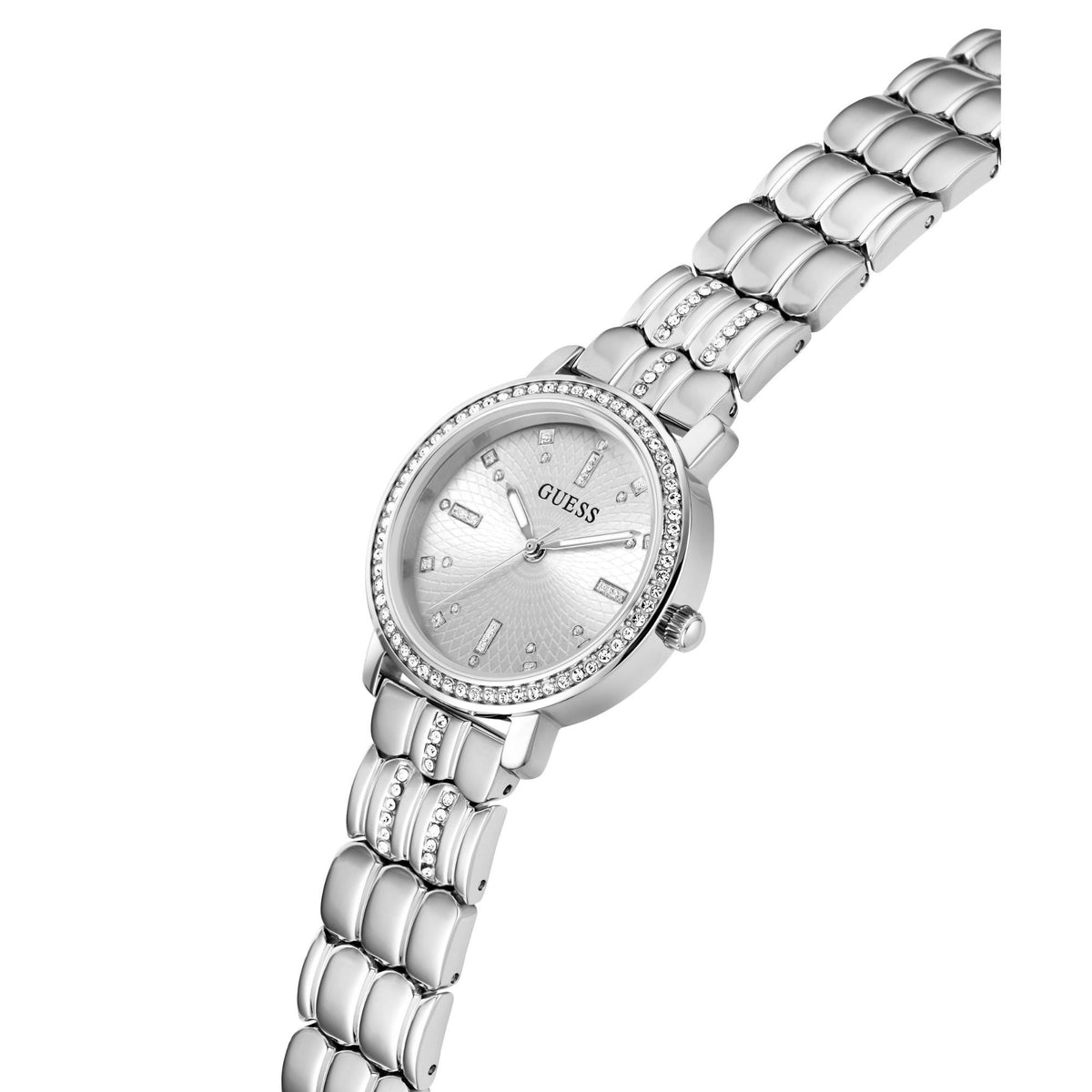 Silver-tone ladies wrist watch with white dial, crystal markers, metal link bracelet.