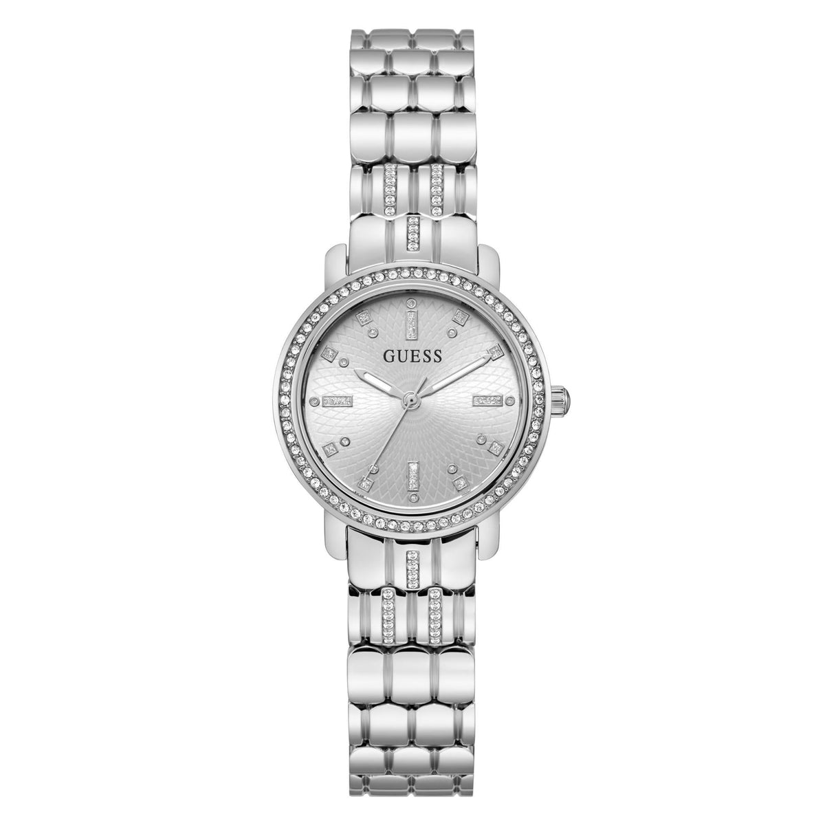 Silver ladies watch front view with crystal bezel, textured dial, and linked bracelet