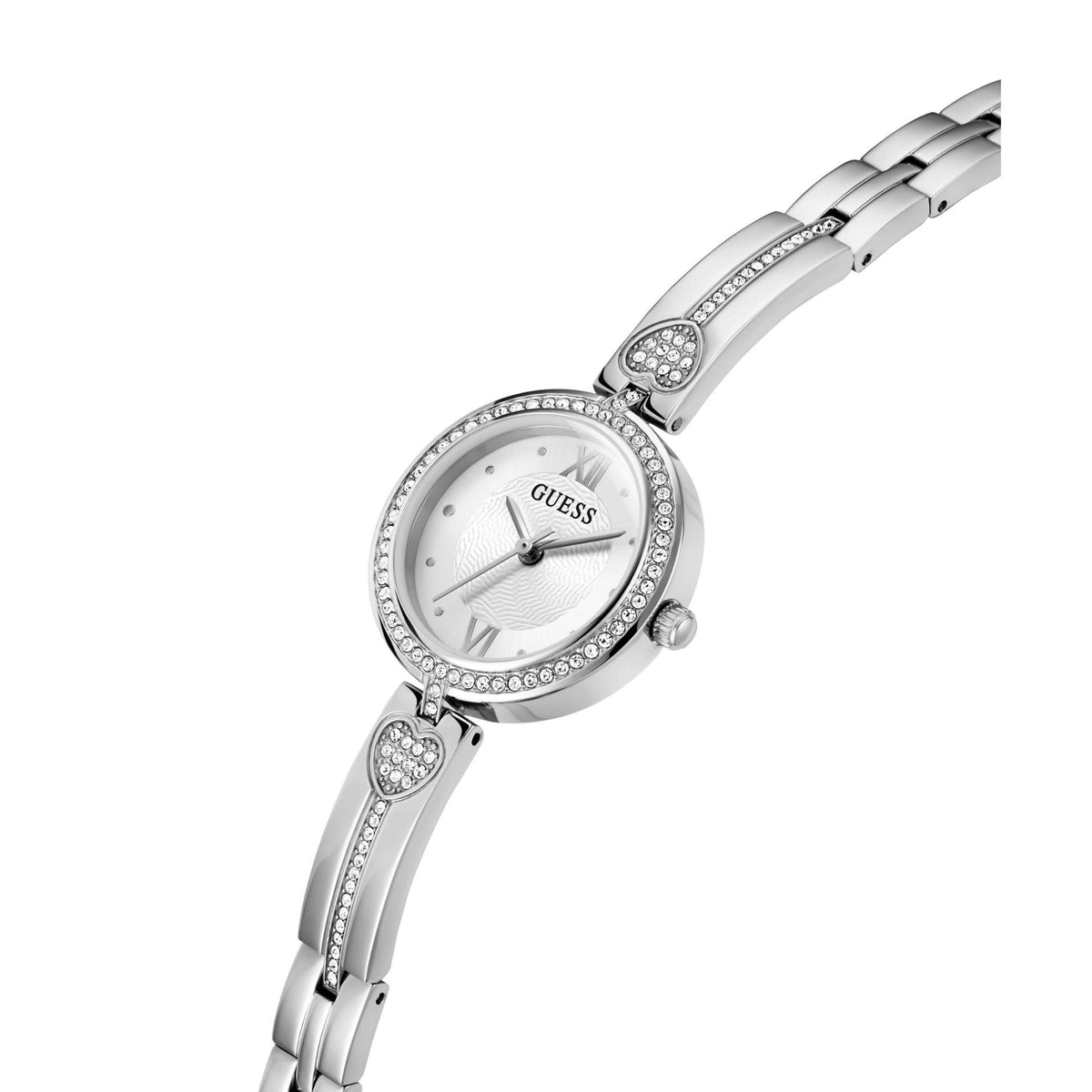 Silver-tone analog stainless steel watch, white dial, crystal trim and bracelet links