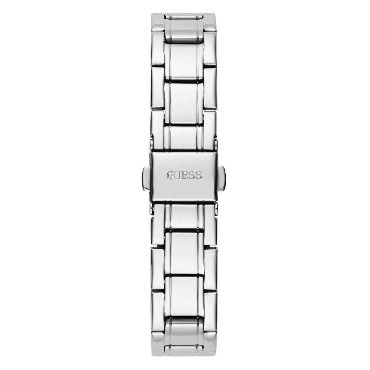 Silver tone stainless steel watch band with clasp and rectangular caseback