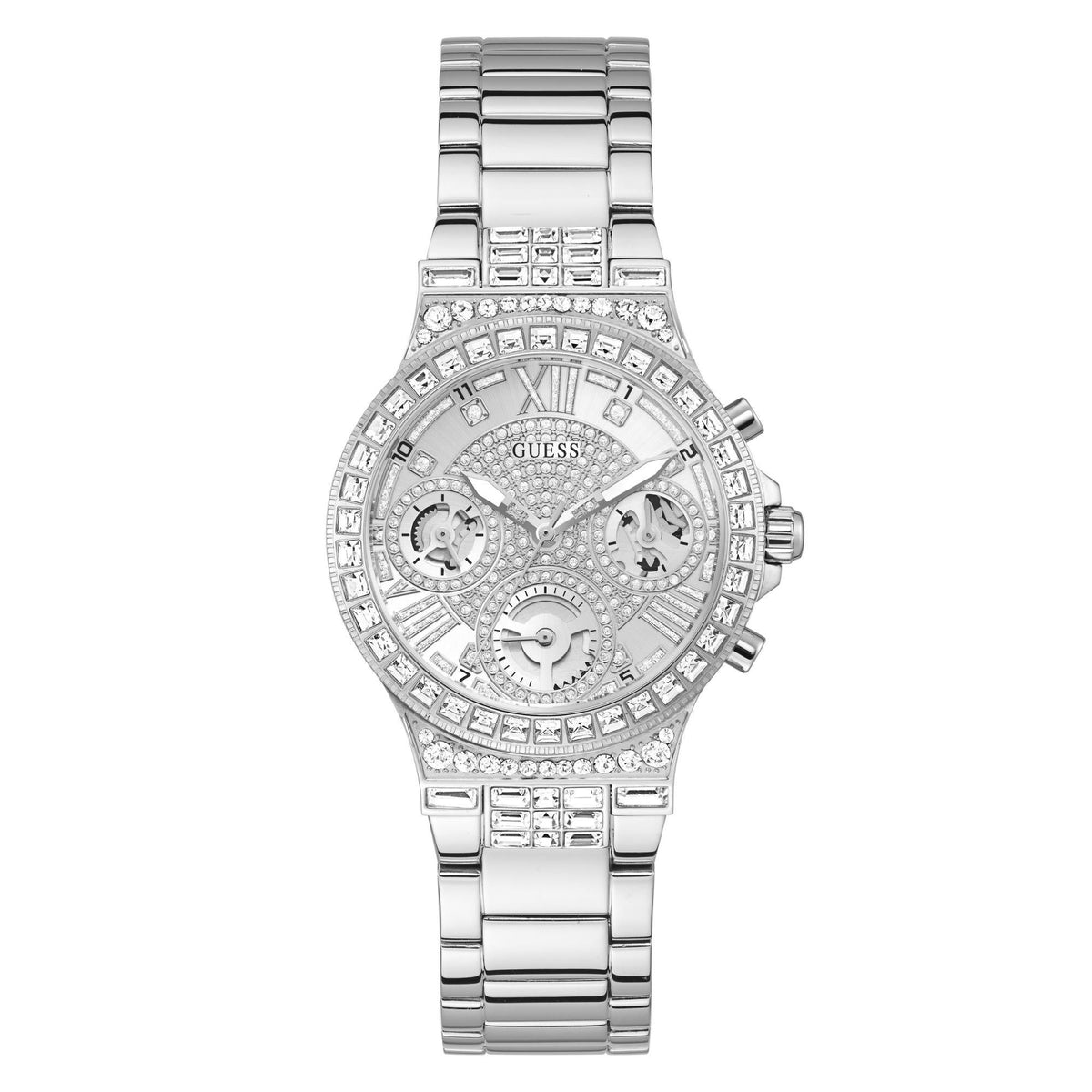 Silver stainless steel Guess ladies watch with crystal accents and moon-phase styled dial