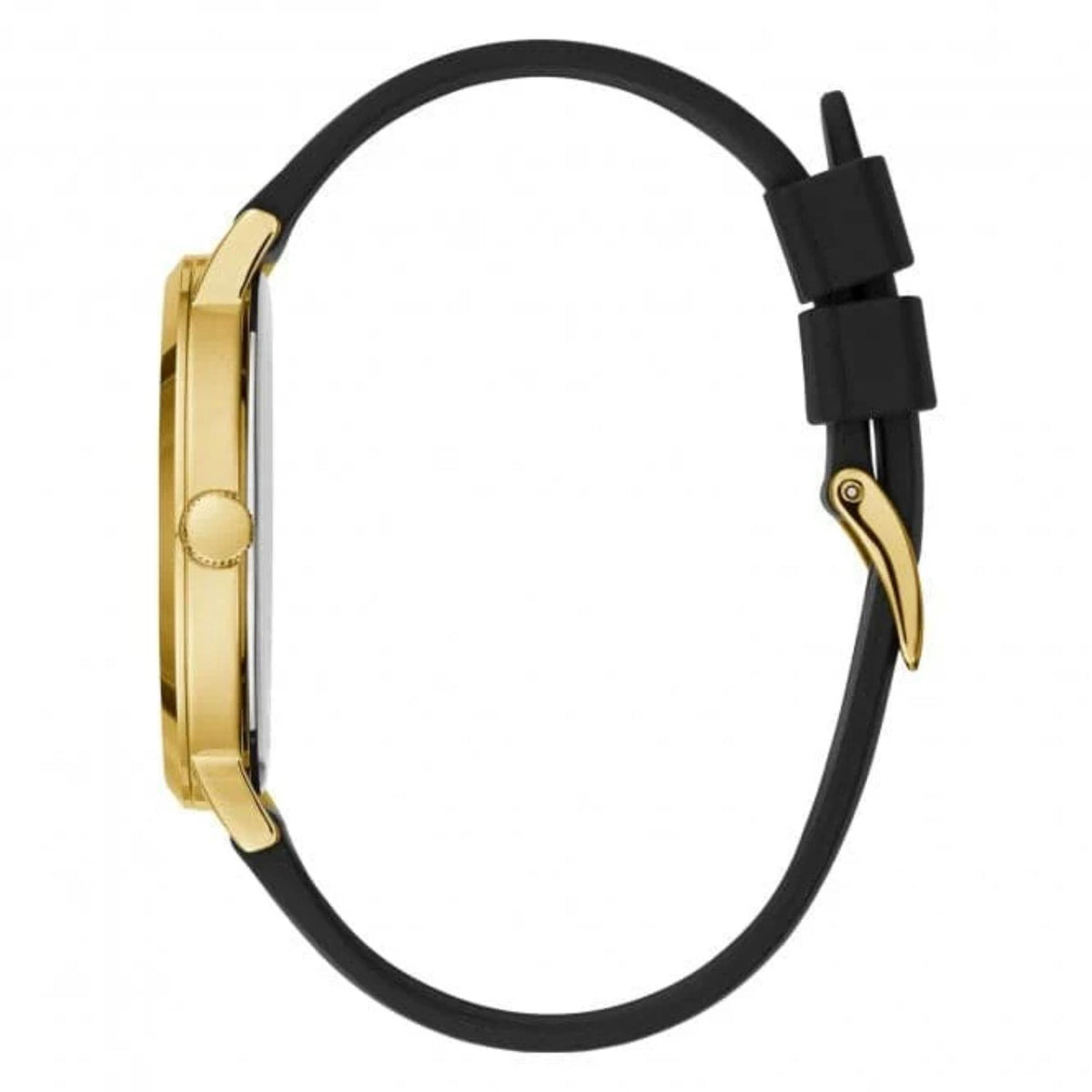Watch profile with black silicone strap and gold case, clasp end visible
