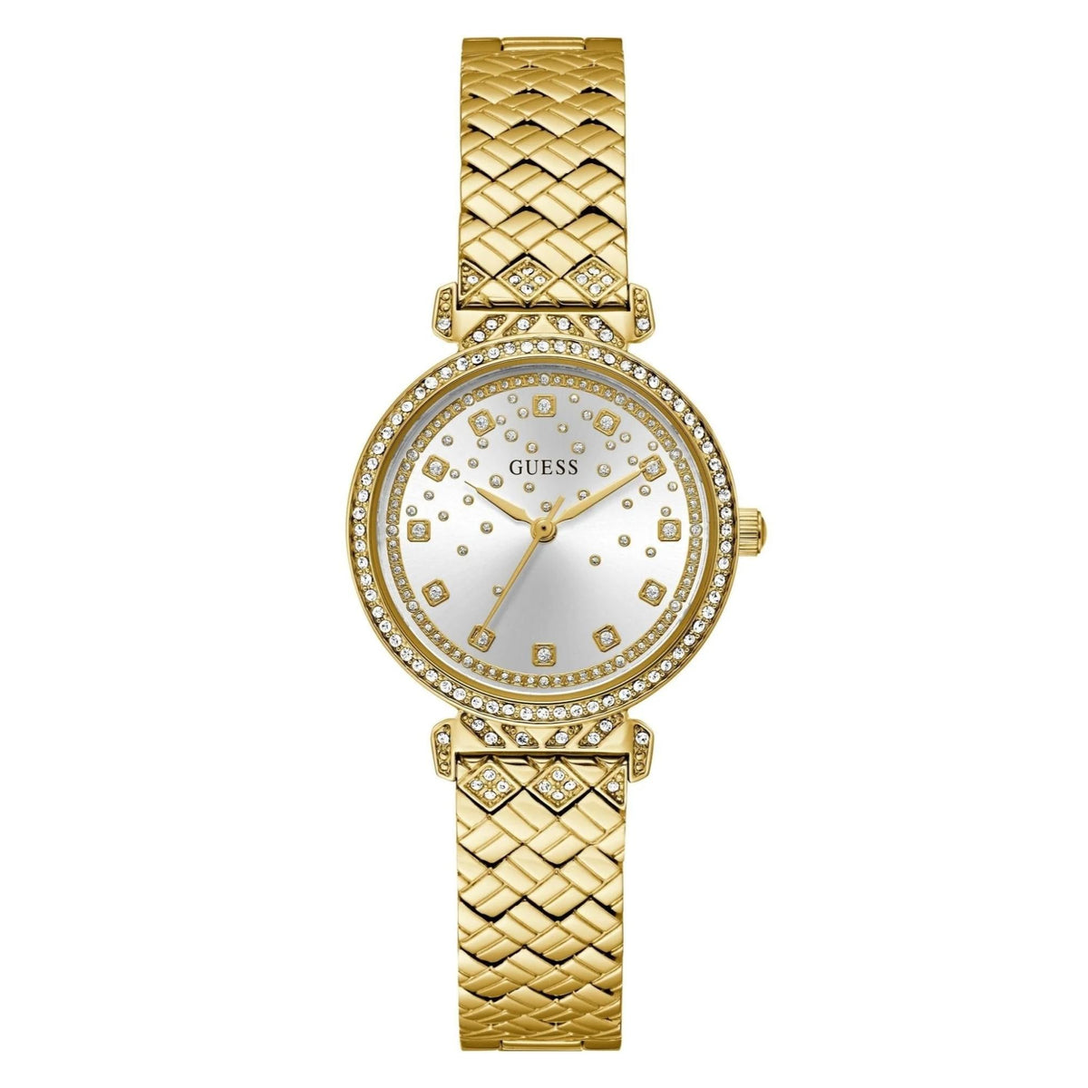 Gold-tone GUESS ladies watch with silver dial, rhinestone rim, and woven link strap.