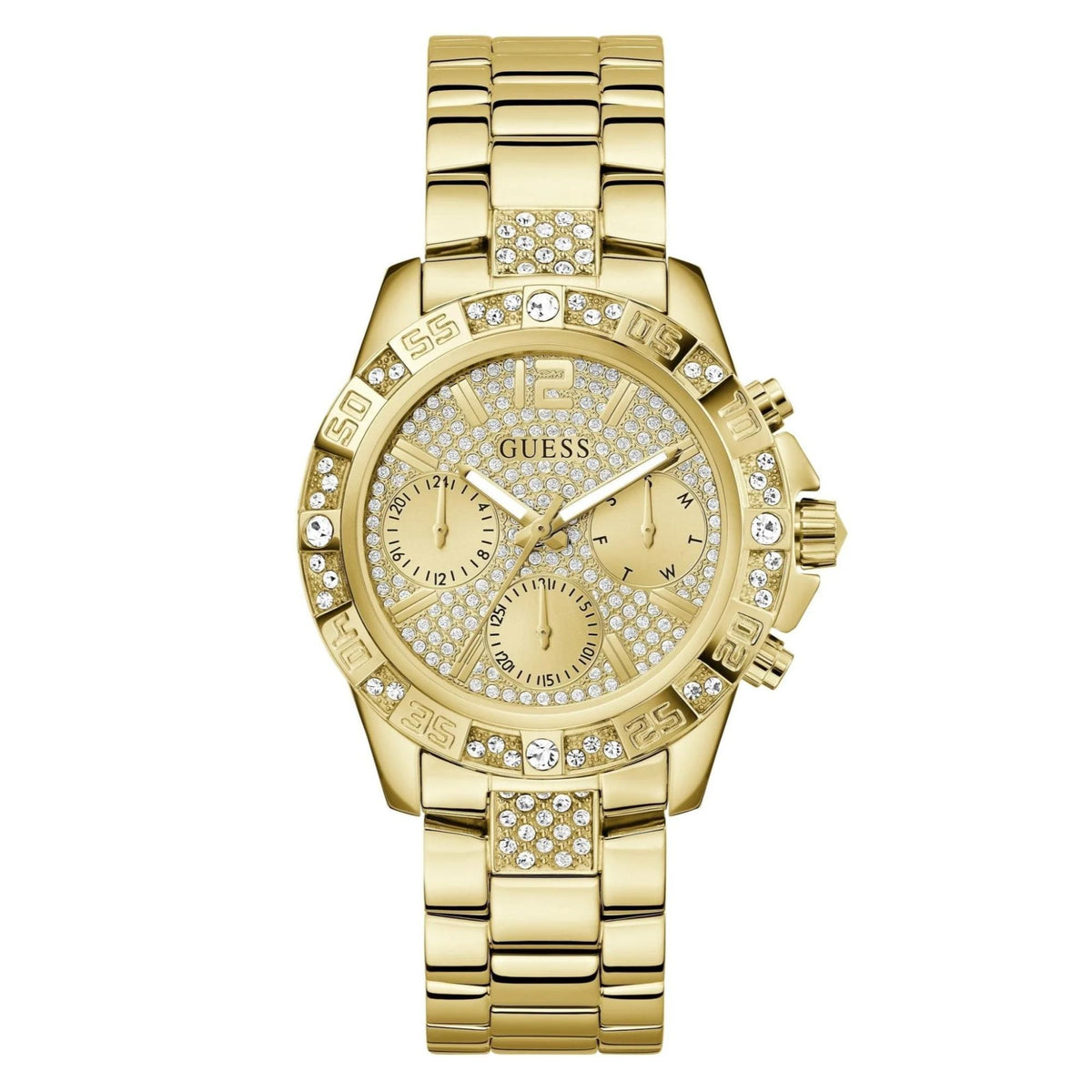 Gold-tone analog wristwatch with champagne dial, crystal accents, and polished link bracelet