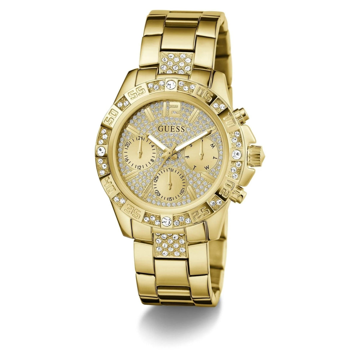 Gold-tone analog wristwatch angled front with champagne dial, subdials, and crystal bezel