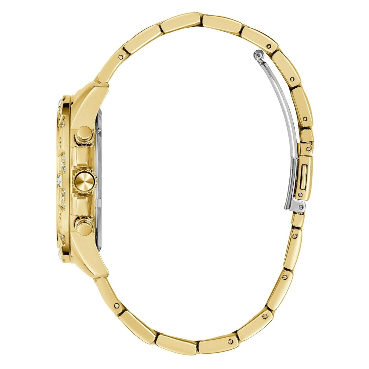Gold-tone analog wristwatch side profile with crown details and smooth link bracelet
