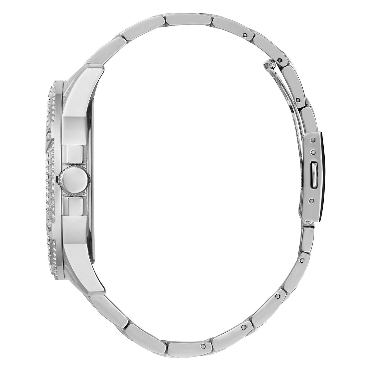 Men’s multifunction watch case side with crystal accents and stainless steel link bracelet