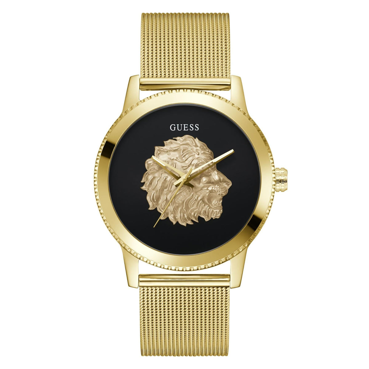 Gold-tone analog men's watch with black dial, gold lion medallion, and mesh link bracelet
