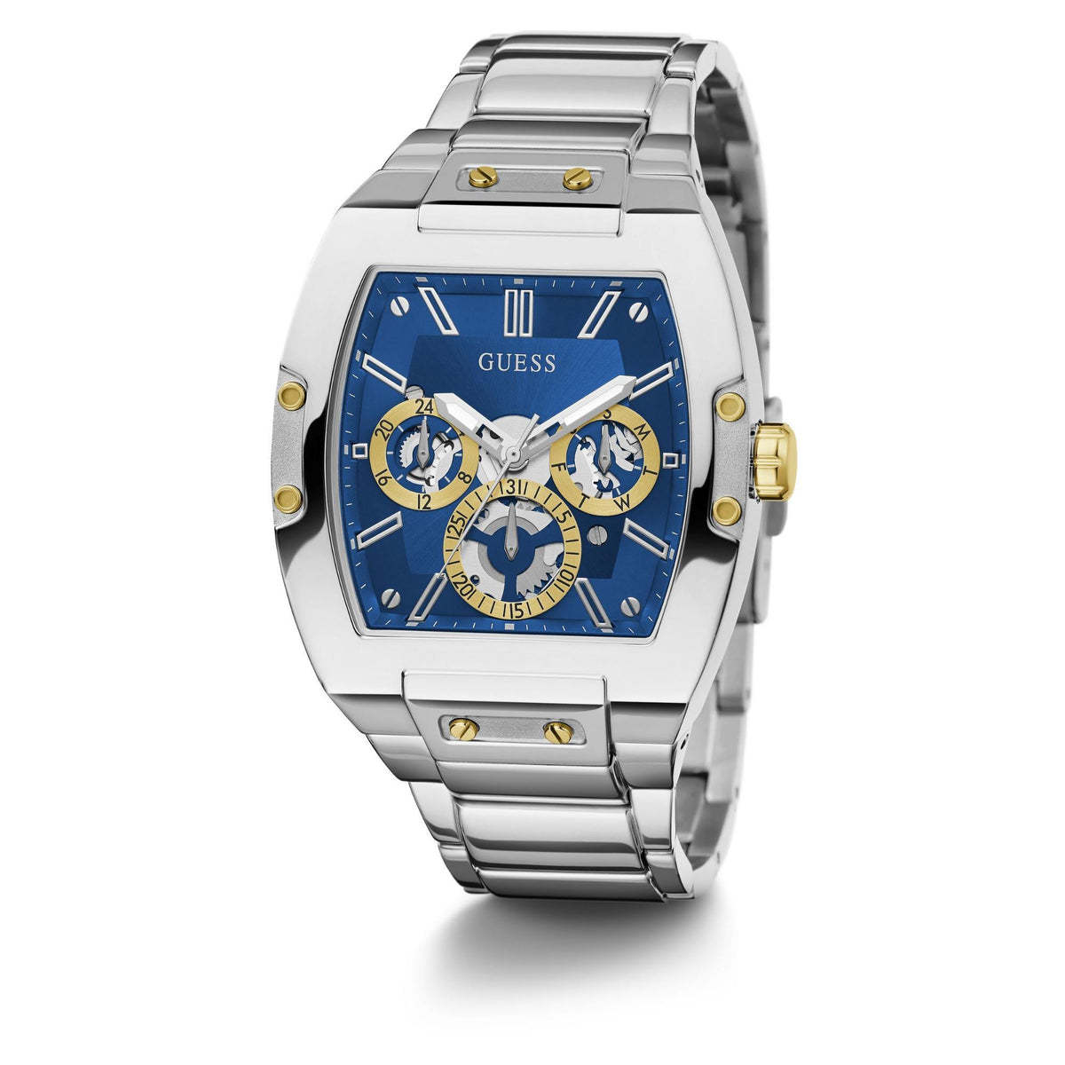 Front view of silver-tone watch with blue dial and gold-toned crown details.