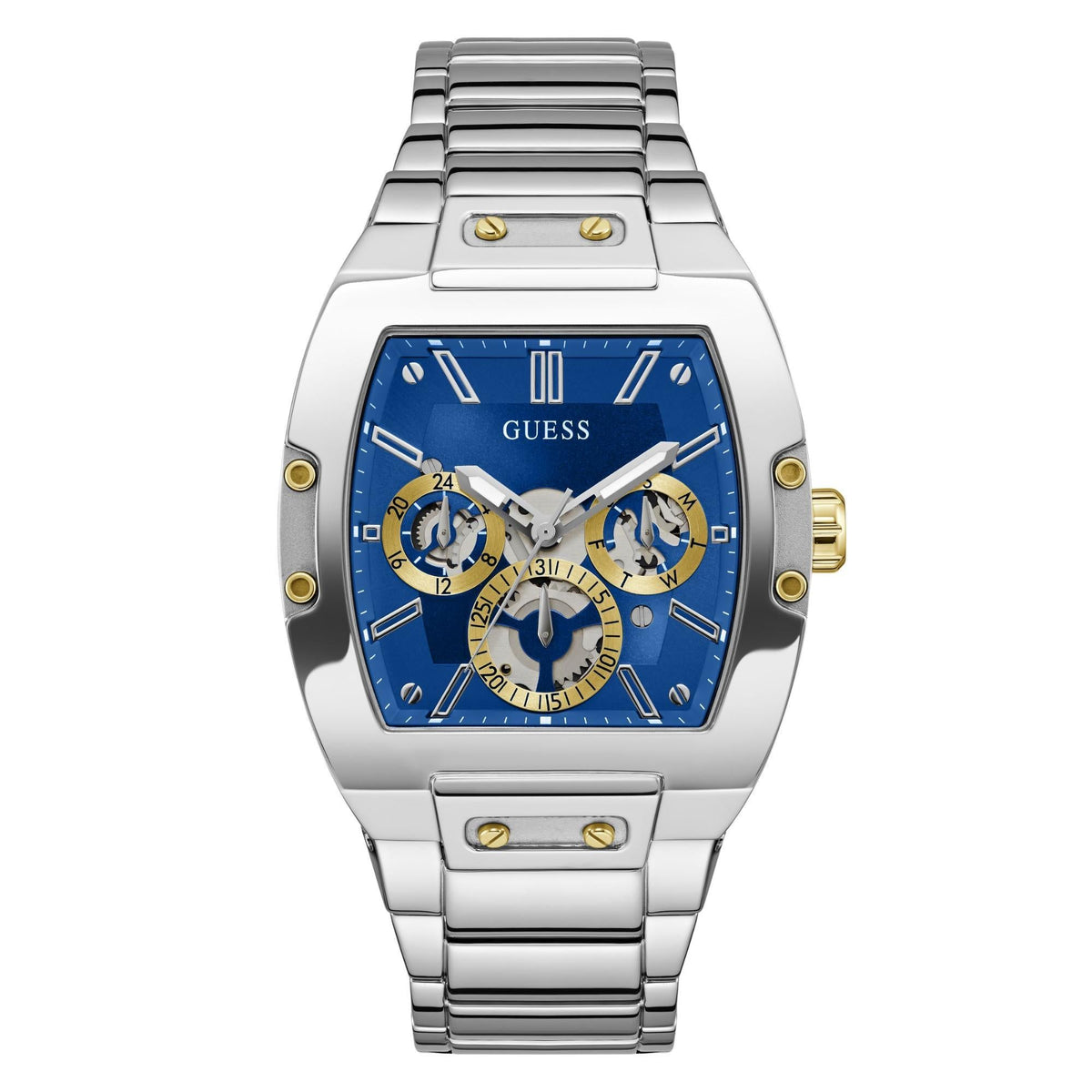 Silver-tone square-faced watch with blue dial, gold accents, and three subdials.