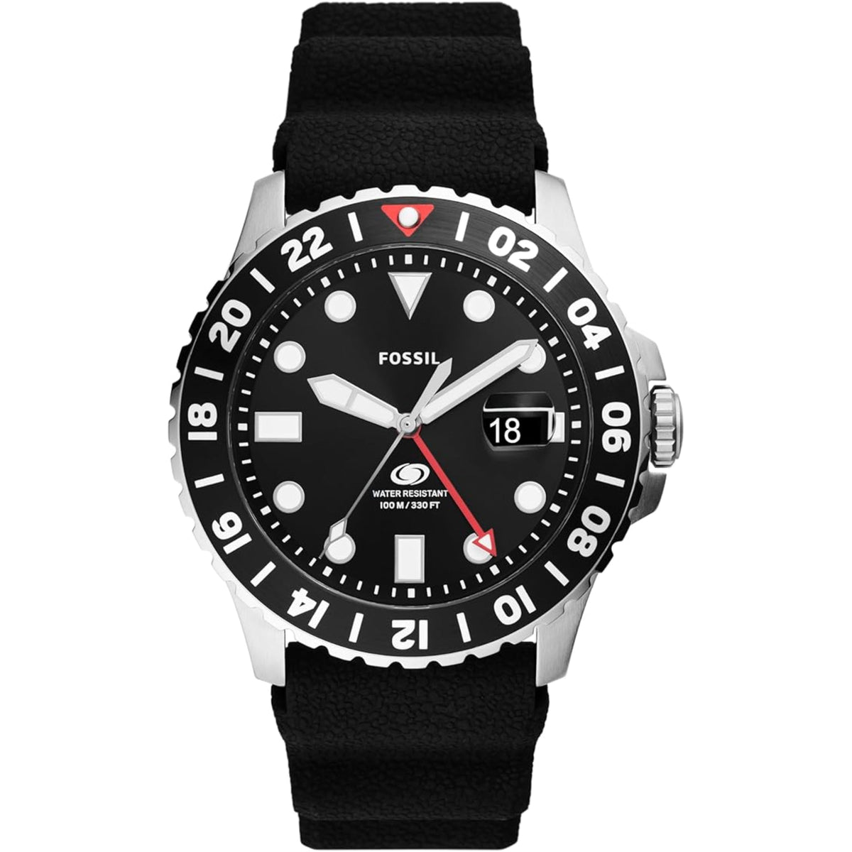 Front view of the Fossil Blue GMT FS6036 mens watch showing the stainless steel case, 24-hour track bezel, and black silicone band