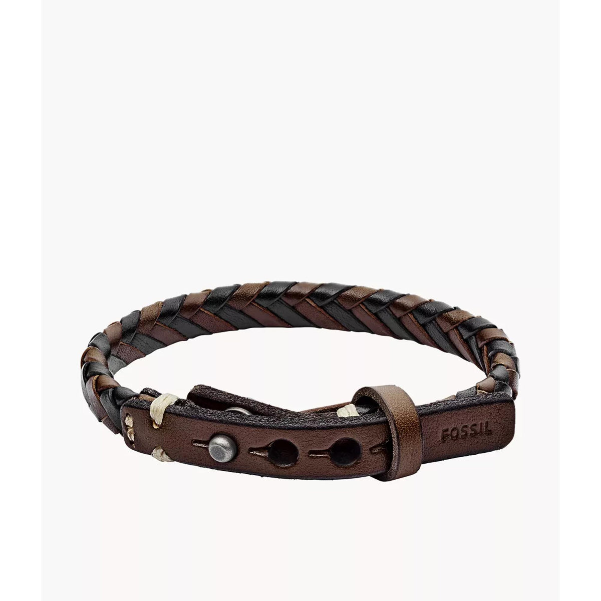 Brown leather braided mens bracelet with adjuster holes and Fossil logo plate