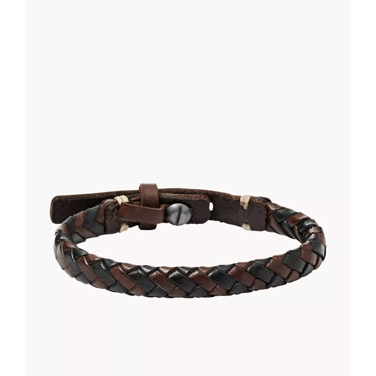 Brown and black braided leather mens bracelet with side clasp hardware and woven braid