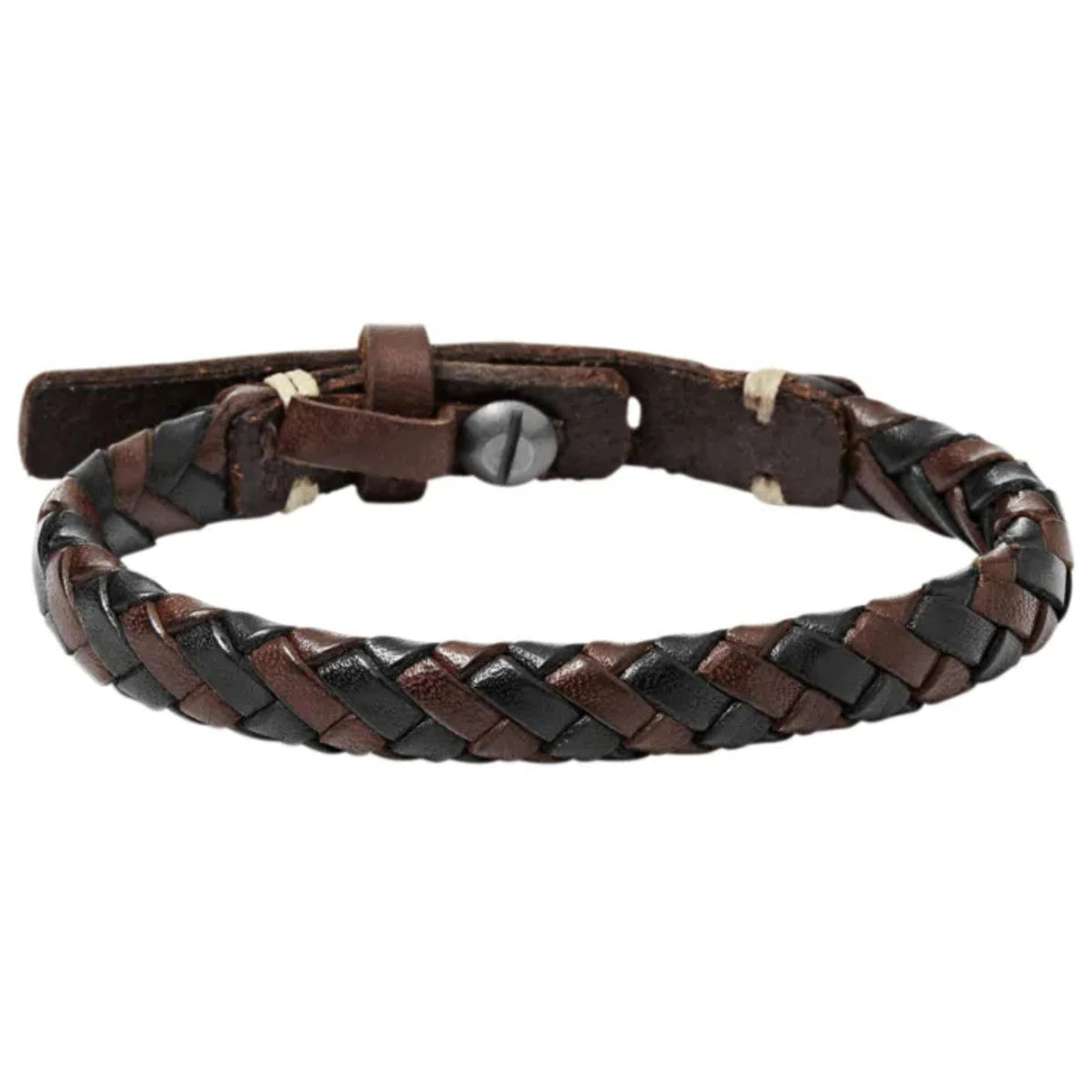 Brown and black braided leather mens bracelet with braided weave and snap button clasp