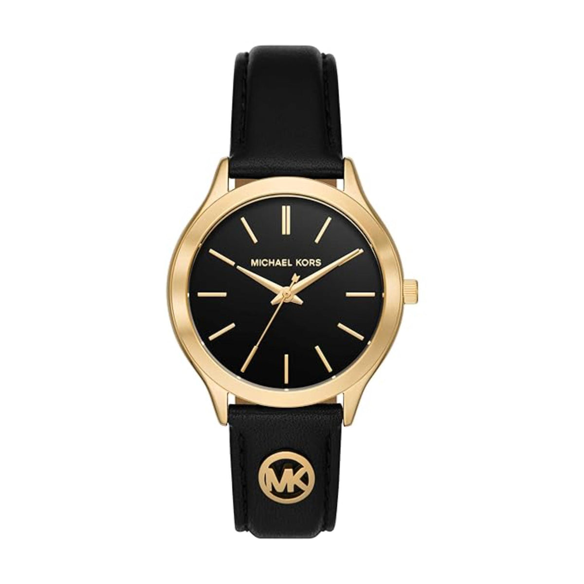 Michael Kors women’s round watch with black dial, gold-tone bezel, and black leather strap