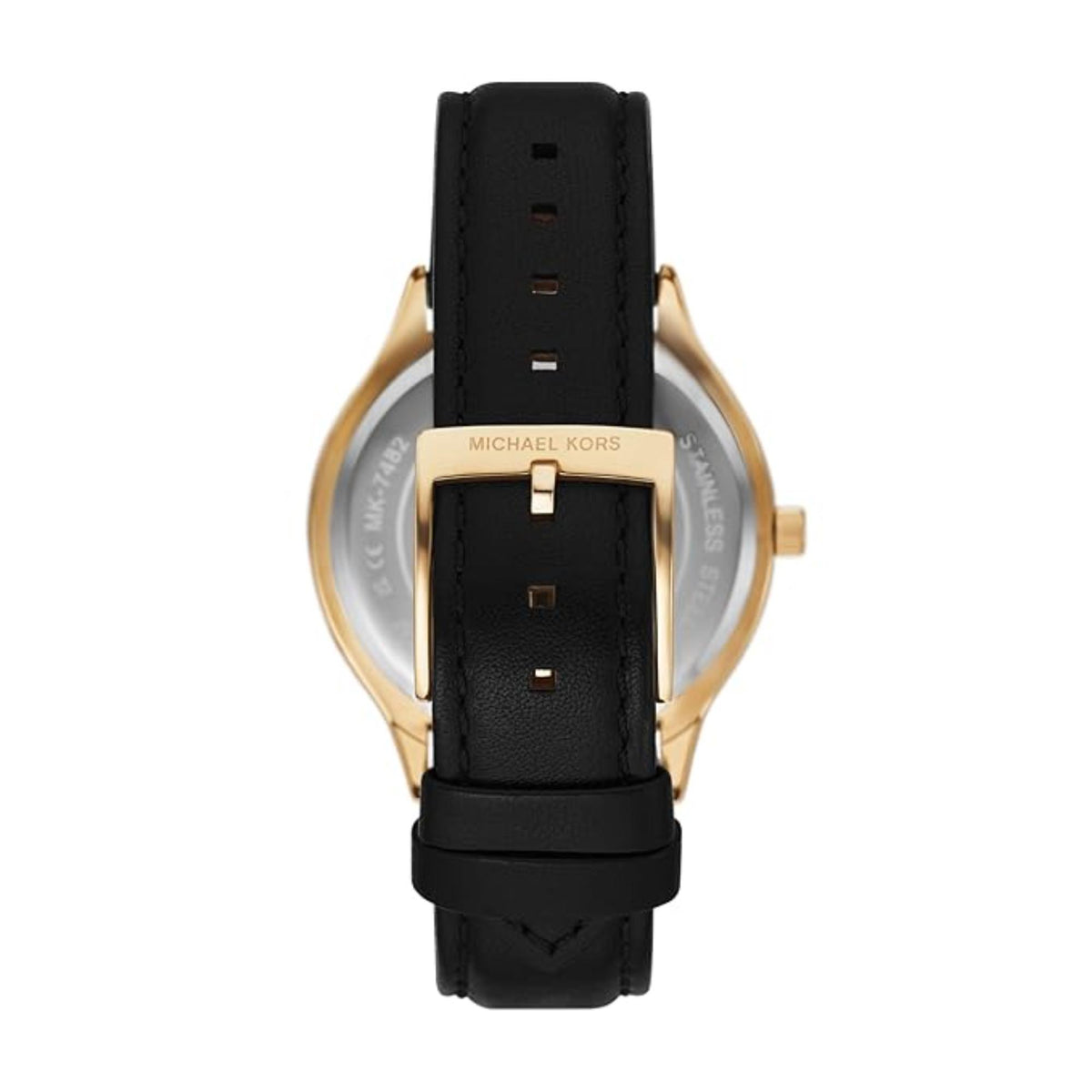 Michael Kors women’s watch back with black dial, gold-tone markers, and leather strap