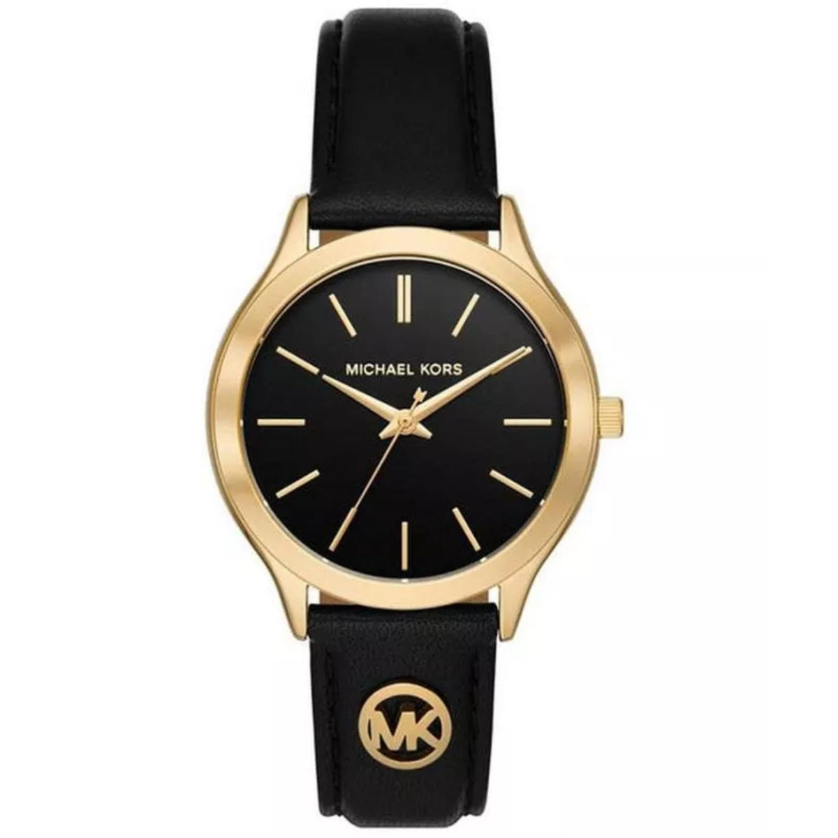 Michael Kors women’s watch front view with black dial, gold-tone case, and leather strap