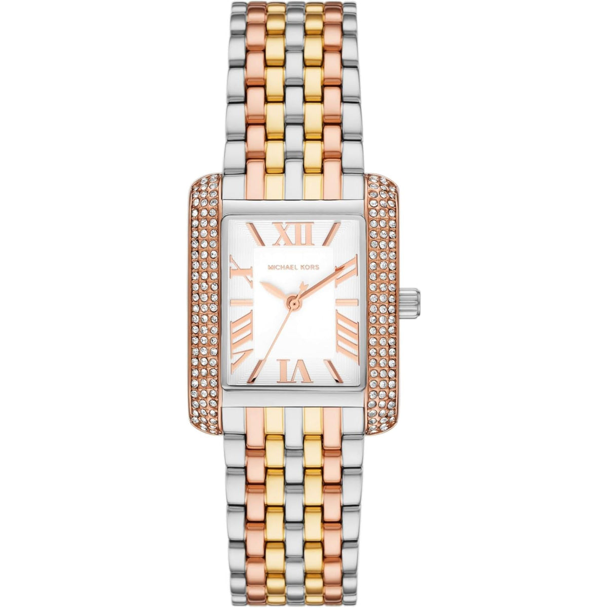 Michael Kors Emery MK4744 front view of women’s watch featuring white dial and crystal-embellished bezel