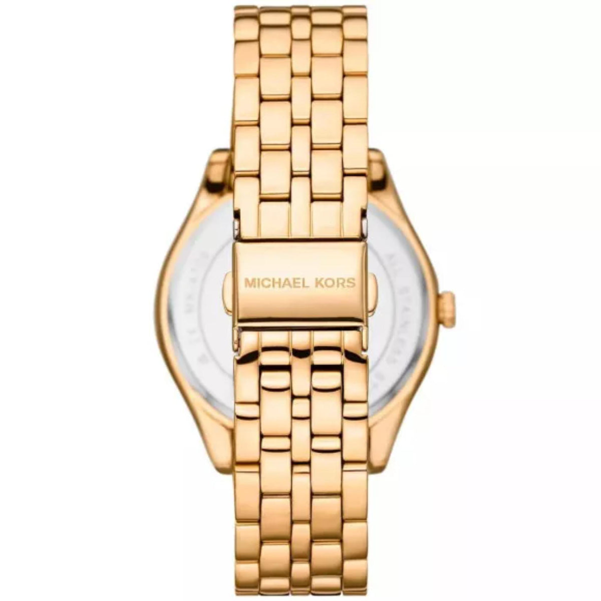 Gold-tone watch with MICHAEL KORS dial text and linked bracelet, angled view