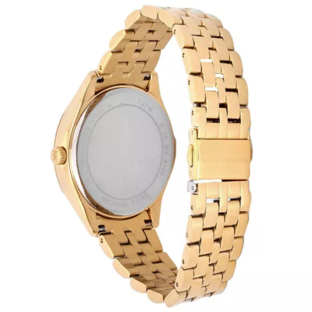 Gold-tone watch caseback and bracelet links, close-up side perspective