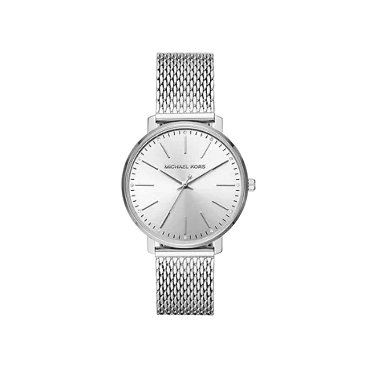 Silver dial stainless steel women's watch, round face with mesh band