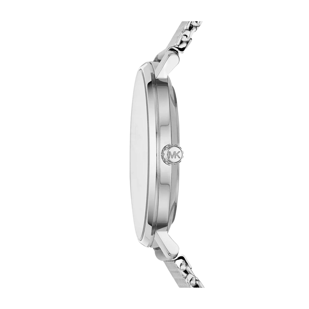 Silver stainless steel watch with mesh bracelet and crown, profile view