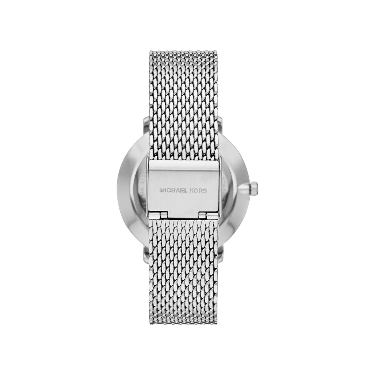 Silver dial stainless steel women's watch with mesh bracelet and visible clasp