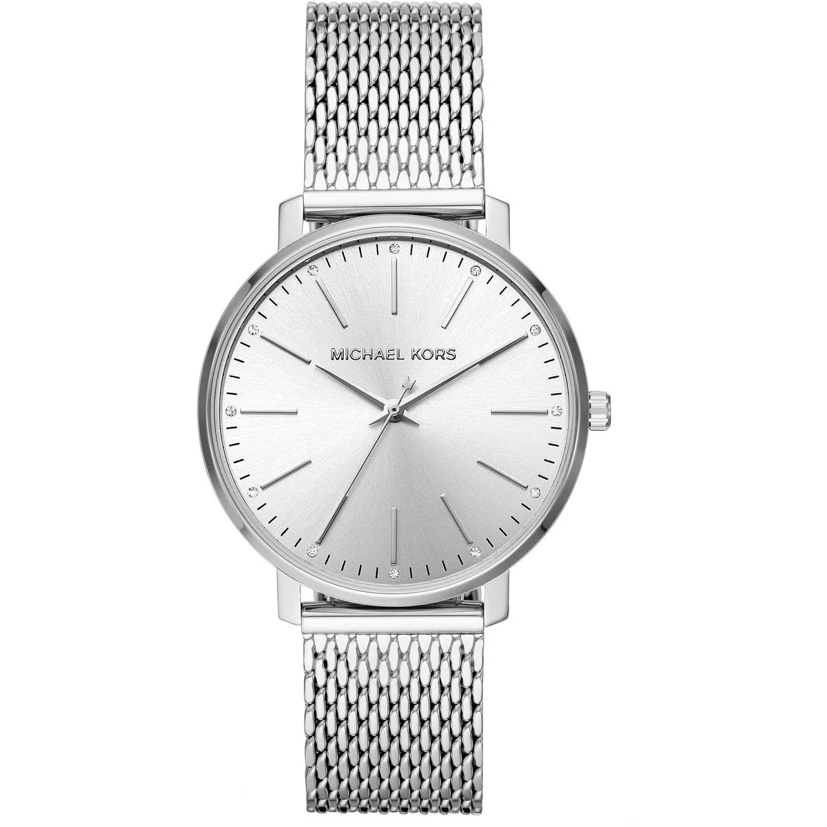 Round silver dial stainless steel women's watch with mesh bracelet and minute marks