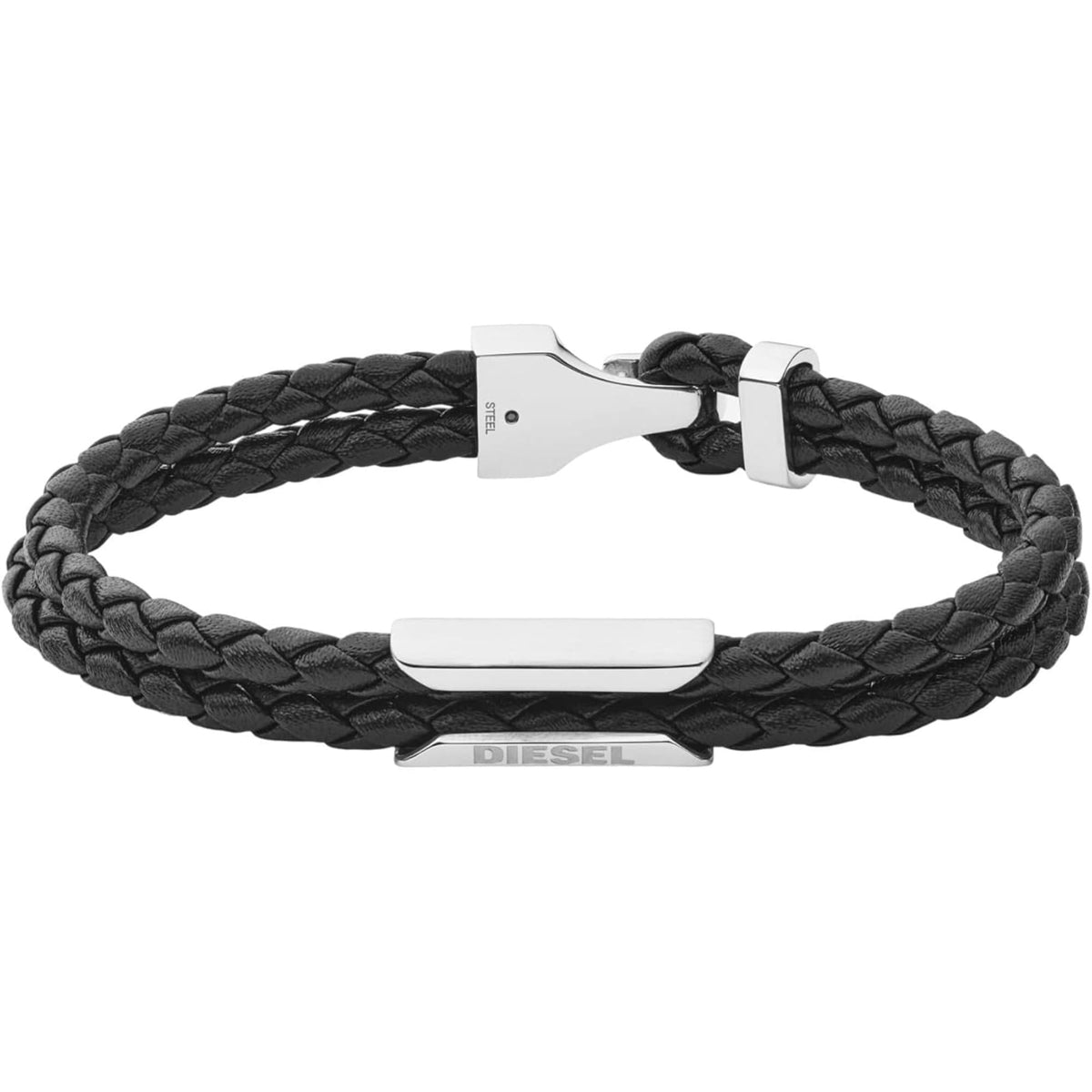 Black braided leather double-strand bracelet with silver buckle clasp