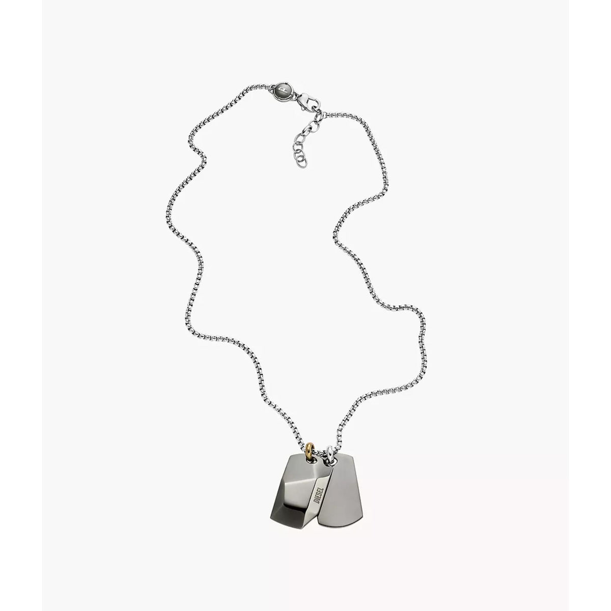 Double dog tag necklace laid flat, stainless steel curb chain with two pendant tags