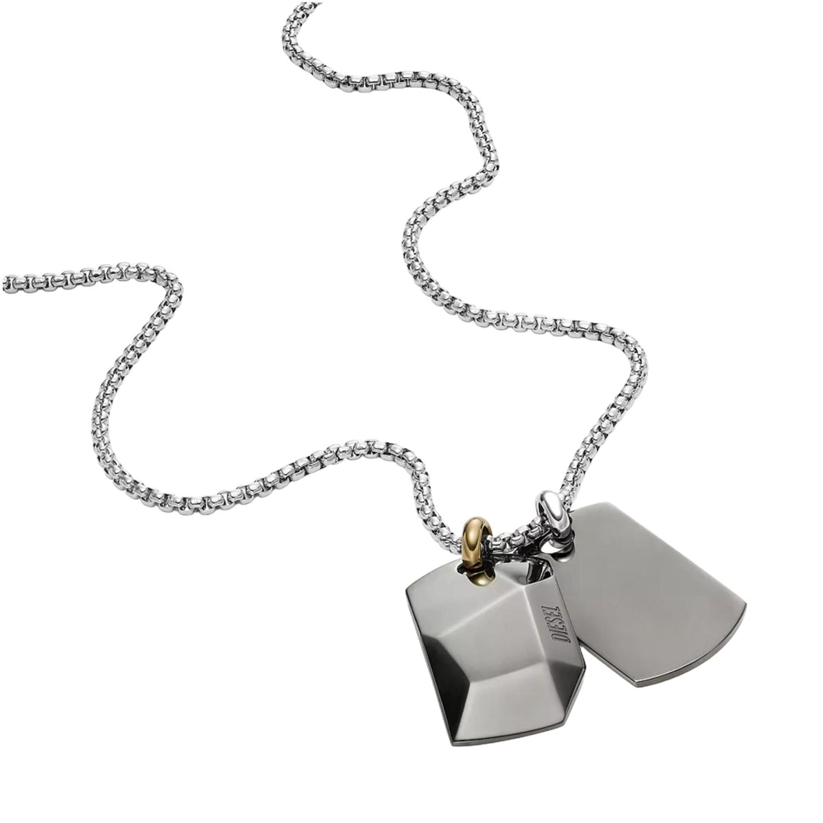 Stainless steel double dog tag necklace with curb chain and two hanging dog tag pendants