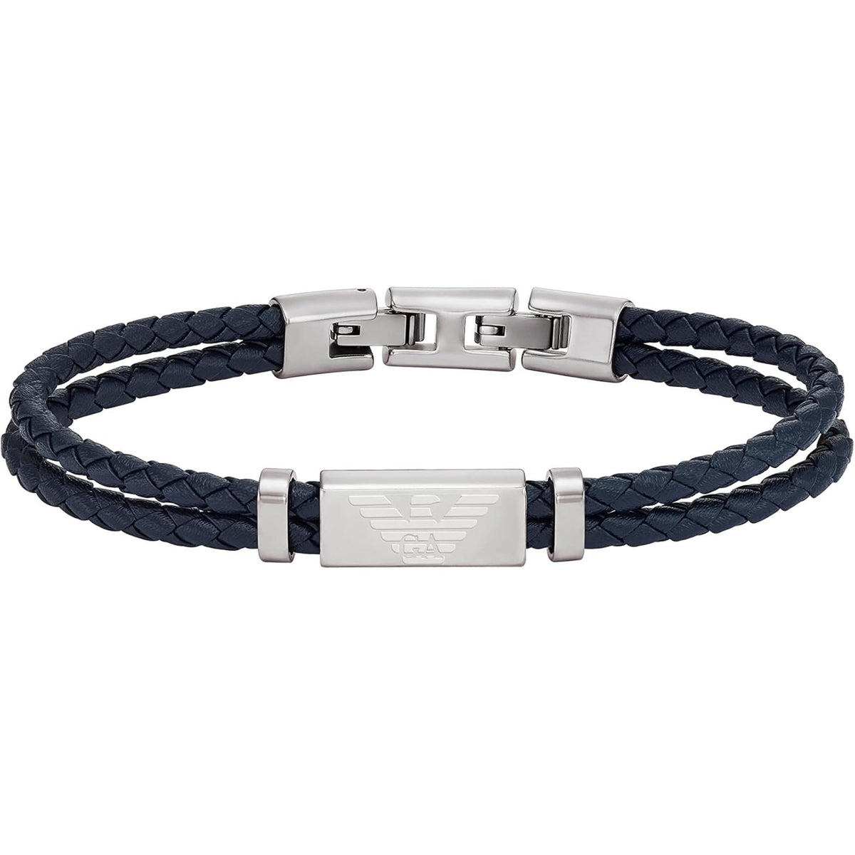 Navy braided leather ID bracelet with stainless steel logo plate and bar clasp