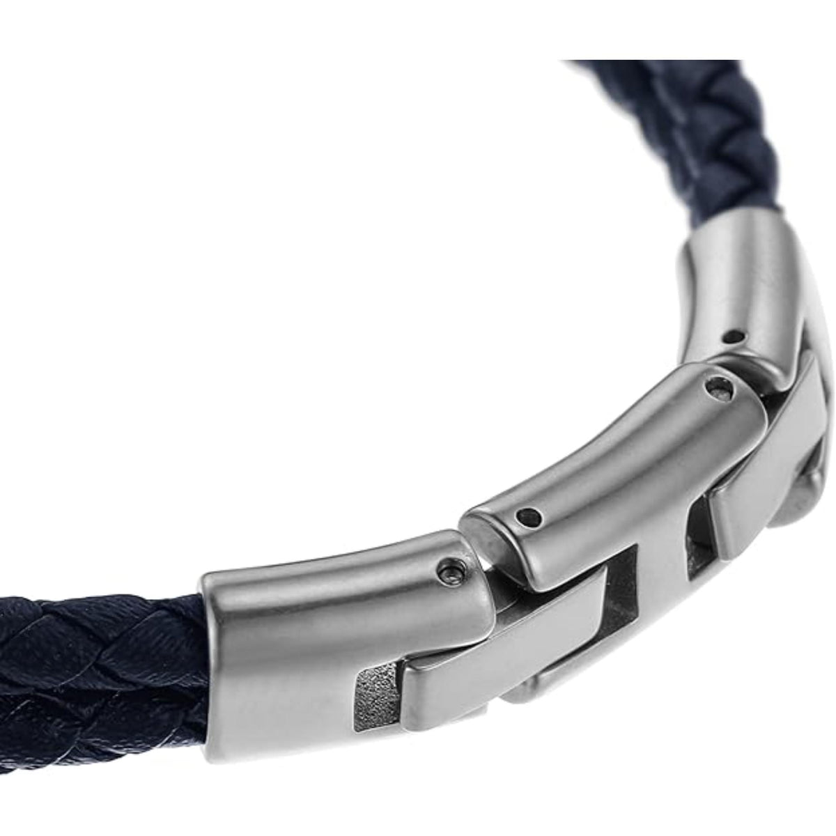Stainless steel clasp detail on navy braided leather bracelet with engraved ID plate