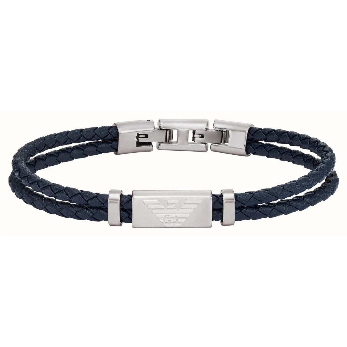 Stainless steel ID bracelet, navy braided leather strap with engraved rectangular center plate