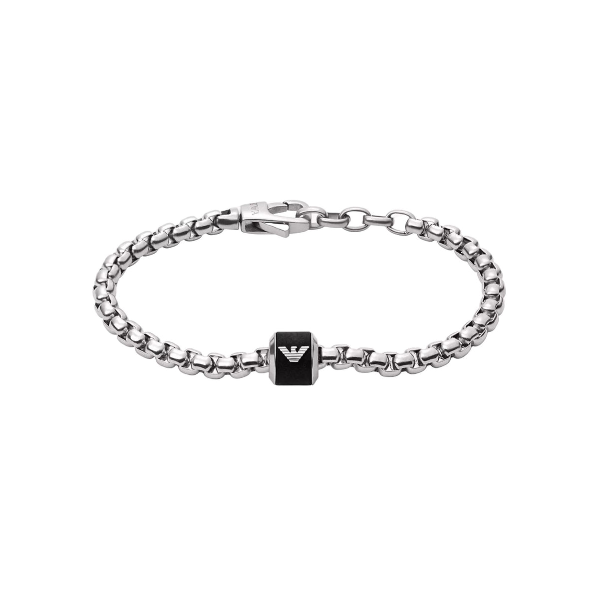 Silver chain bracelet featuring black square centerpiece with polished metal accents