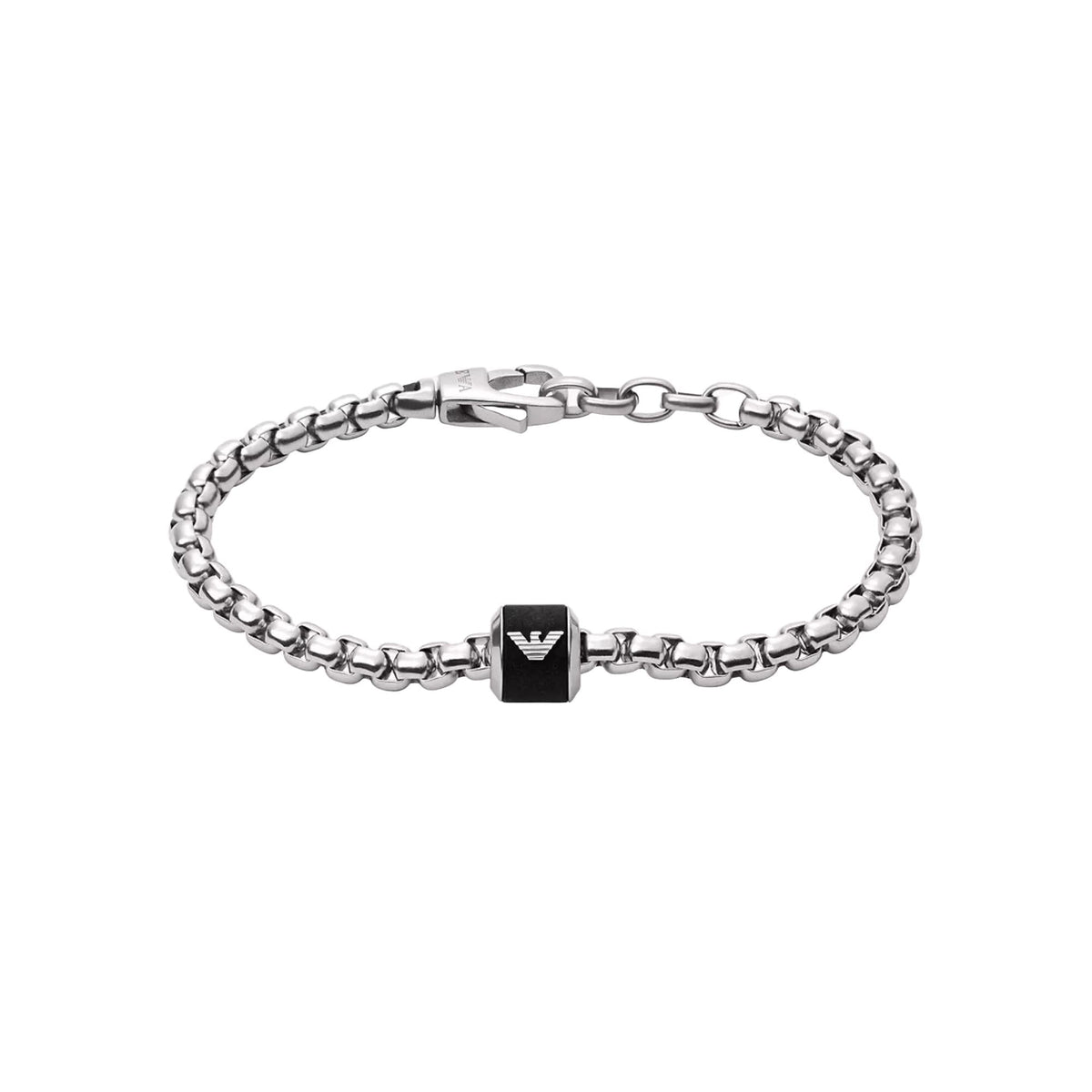 Silver chain bracelet with black square logo charm centered on the band