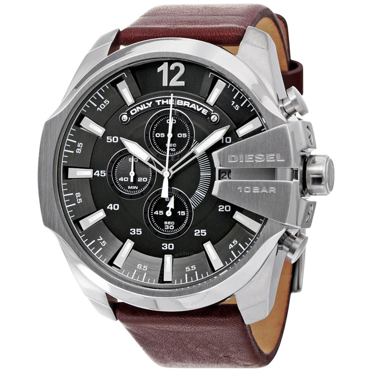 Men's chronograph watch with brown leather strap, black dial, and large silver bezel