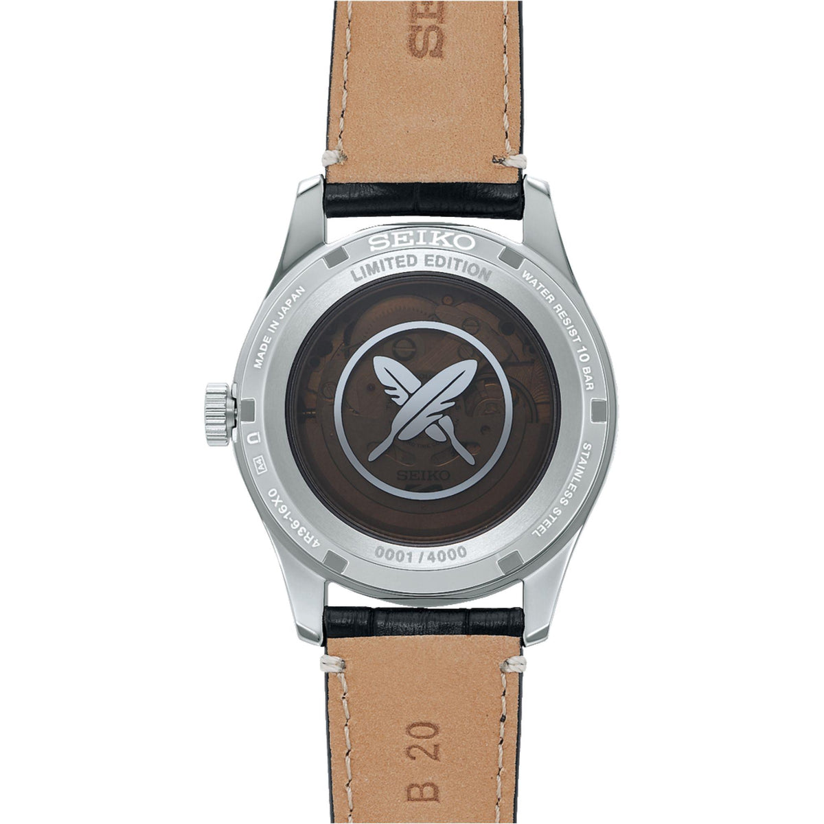 Men's Seiko 5 Sports watch caseback, emblem medallion, brown leather strap