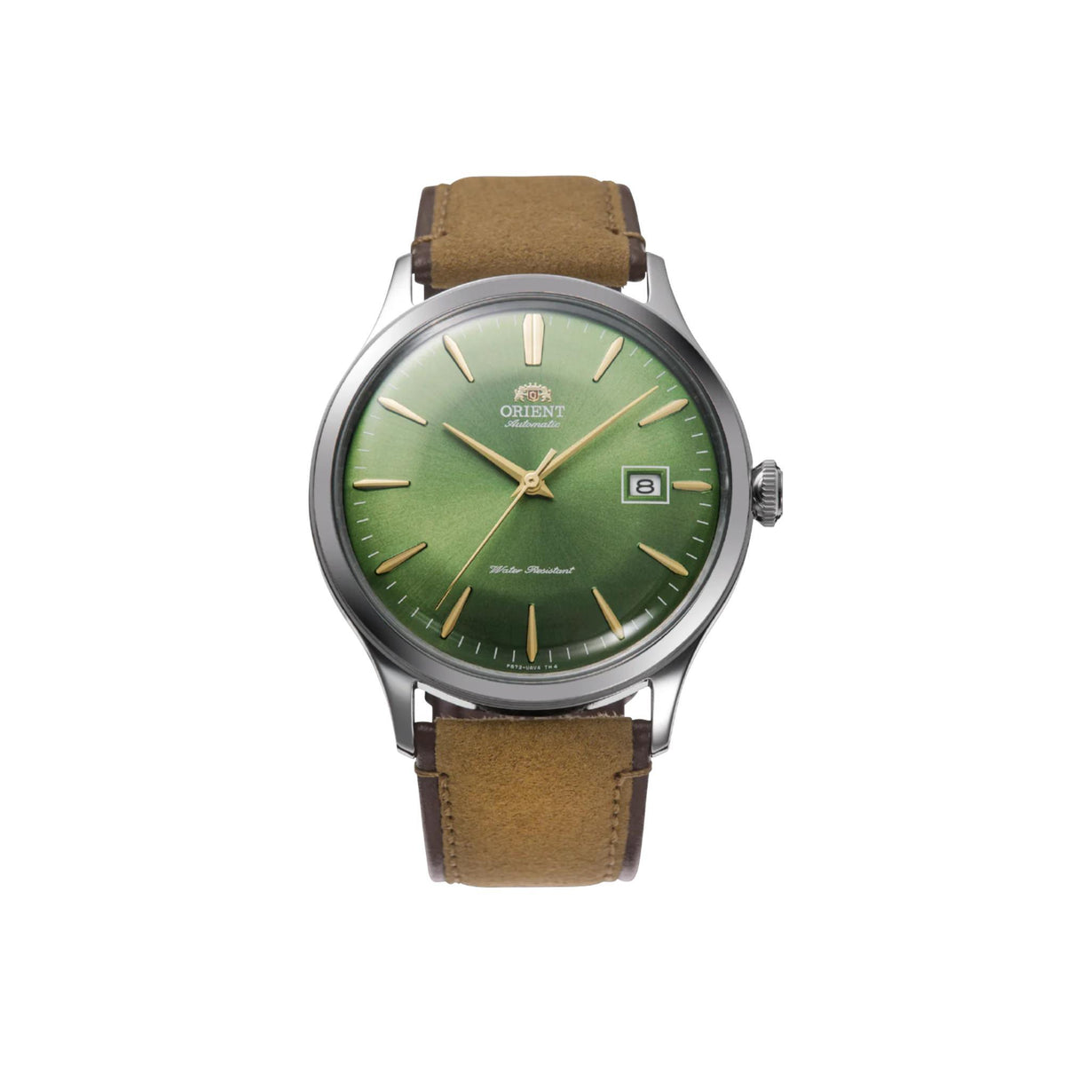 Green dial leather men’s automatic watch with silver-toned case and brown leather band