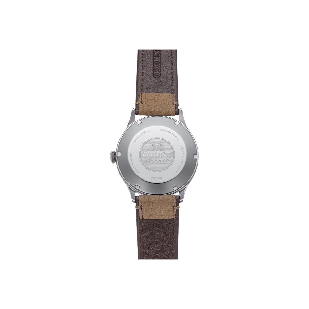 Watch case back view with brown leather strap and silver-toned rear case plate