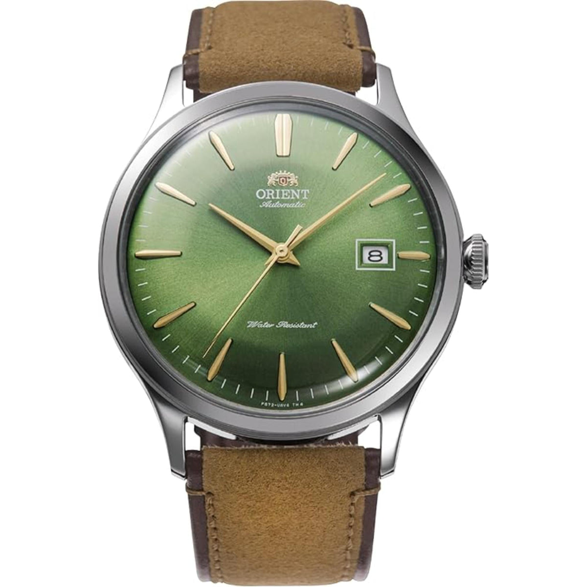 Green dial men’s automatic wristwatch with gold-tone hands, brown leather strap, silver case