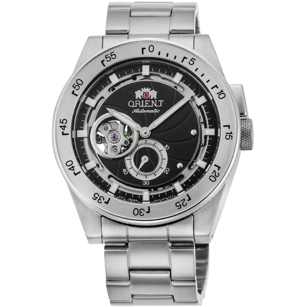 Men's Orient automatic wristwatch: stainless steel with black dial and open-heart detail