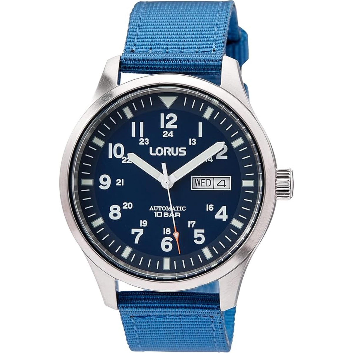 Men's automatic watch with dark blue dial, WED date window, blue fabric strap