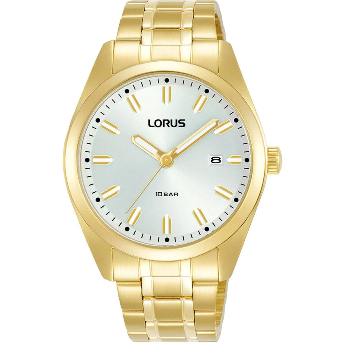 Gold-tone men's watch with light blue sunray dial, gold markers, and date at 8