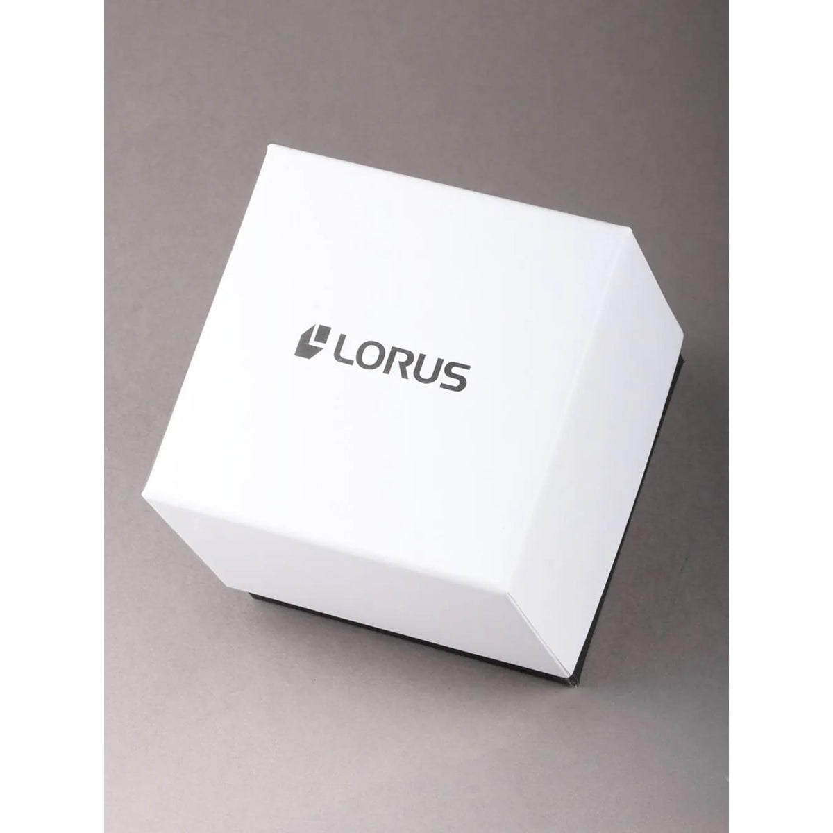 Lorus logo on white watch presentation box