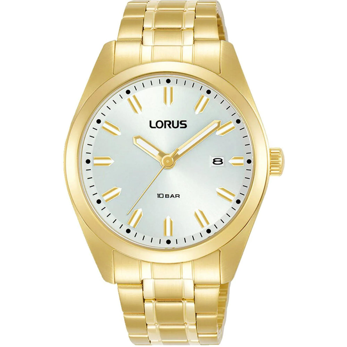 Gold-tone men's wrist watch with light blue dial, gold bezel, and three-hand display