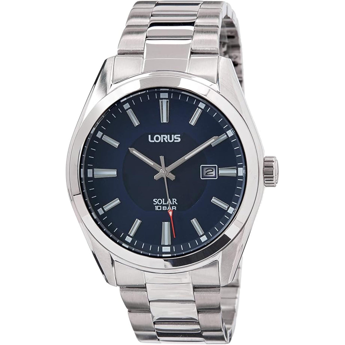 Lorus solar men's wristwatch with dark blue dial, silver-tone metal bracelet, date window